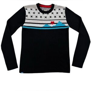 KAVU Mountain Landscape Crewneck Sweater Black White Red Heart Gorpcore XS